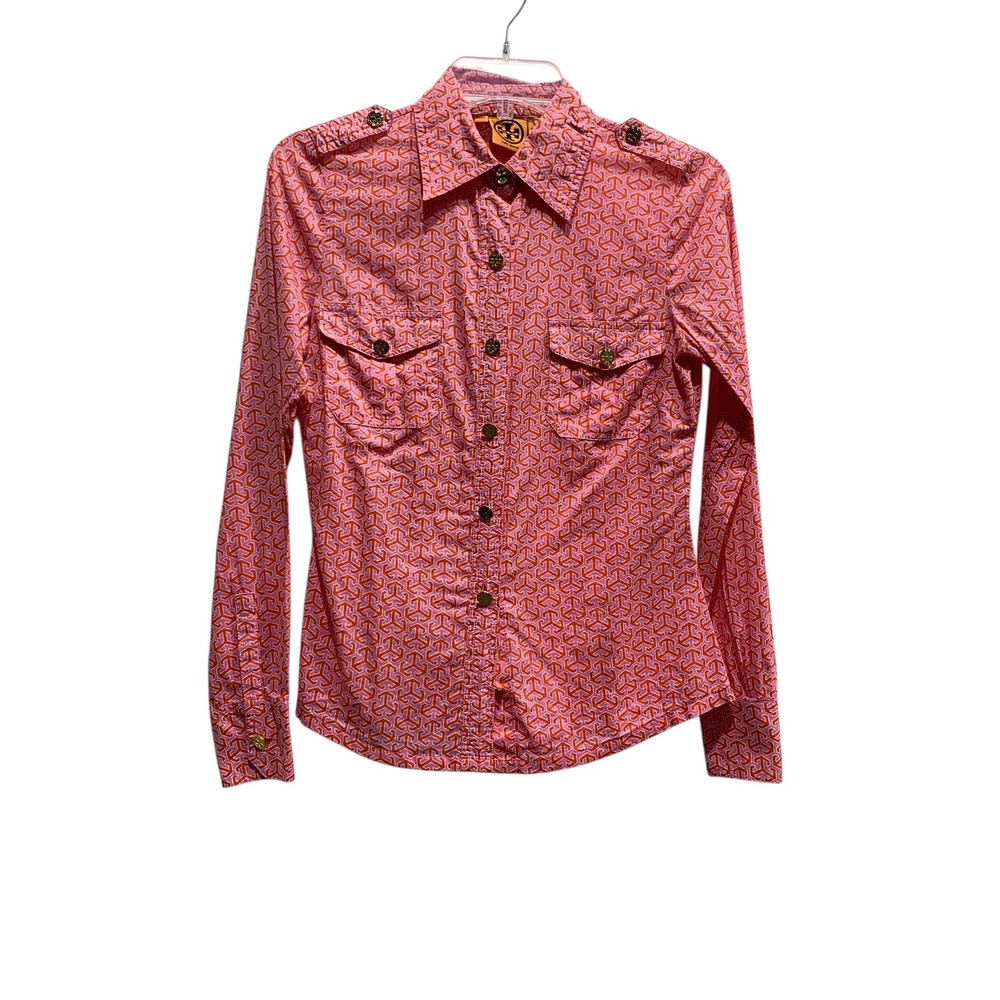 Tory Burch Button Down Long Sleeve Shirt‎ Anchor Print Red Size 2